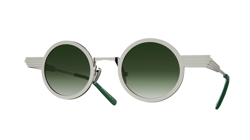 GAMINE EYEWEAR NYC UNIQUE ROUND TITANIUM SUNGLASSES SILVER GREEN LENSES 