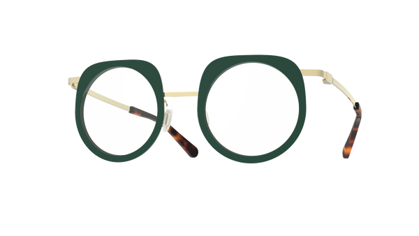 Hublot eyewear by Gamine NYC, from the LAB Collection, featuring metal and acetate inserts with an arty, original shape. Green and gold