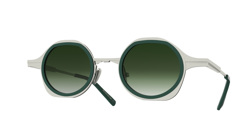 GAMINE EYEWEAR NYC MINIMALIST AND TRENDY KITA IN TITANIUM SILVER AND GREEN. GREEN SUNLENSES