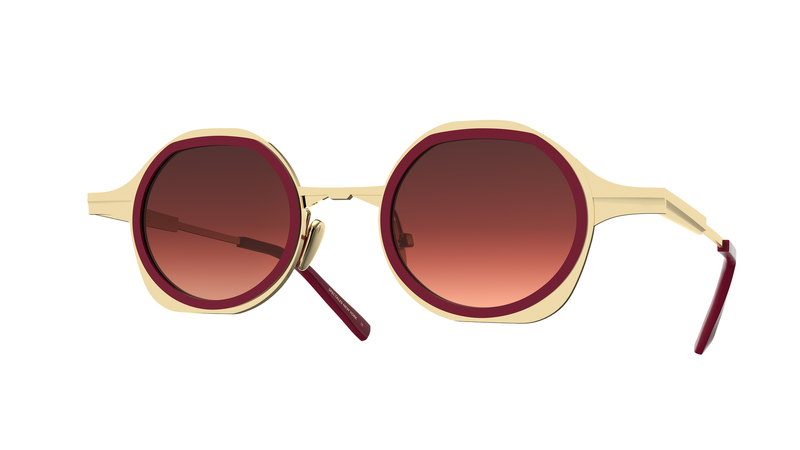 GAMINE EYEWEAR NYC MINIMALIST AND TRENDY KITA IN TITANIUM BURGUNDY AND GOLD BRUSHED. GRADIENT PINK LENSES