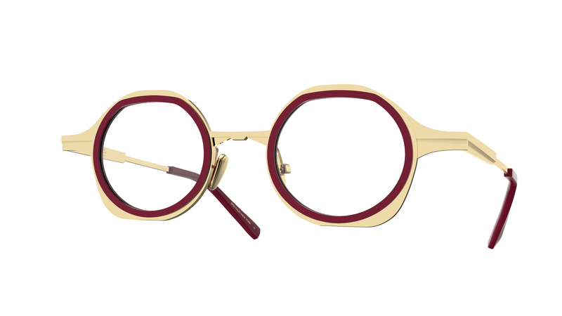 GAMINE EYEWEAR NYC MINIMALIST AND TRENDY KITA IN TITANIUM GOLD AND BURGUNDY. PRESCRIPTION GLASSES