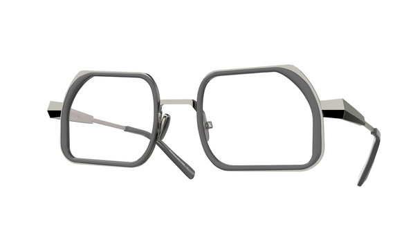 GAMINE NEW YORK EYEWEAR PRESENTS PRAMOUSQUIER. A DESIGNER GLASSES MADE FROM SILVER TITANIUM WITH GREY ACETATE INSERTS 